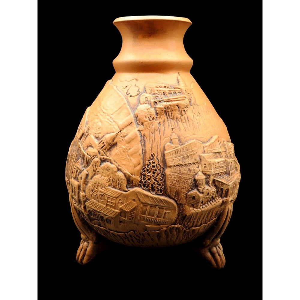 Vintage Handmade Clay Vase Folk Art Village Relief Rustic Terracotta Pottery 10"
